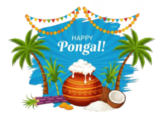 Vibrant pongal celebration with traditional elements isolated on transparent background
