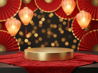 Empty gold podium stand on red velvet table with blurred paper fans and lanterns background. Chinese New Year product display mockup.