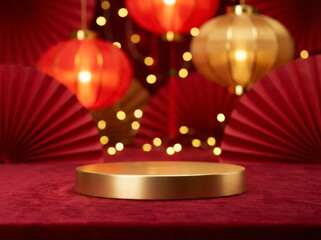 Empty gold podium stand on red velvet table with blurred paper fans and lanterns background. Chinese New Year product display mockup.