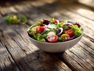 A vibrant salad bowl filled with fresh greens, tomatoes, cucumbers, and onions sits on a rustic wooden table, creating a healthy and appealing presentation.
