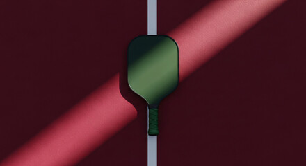 Dark green pickleball paddle resting on a vibrant maroon tennis court surface