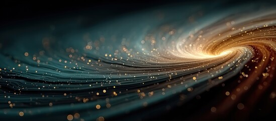 Swirling cosmic pattern with teal and gold colors, sparkling