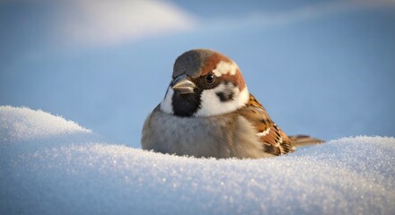 Small brown bird resting in fresh, untouched snow, lit by sunlight