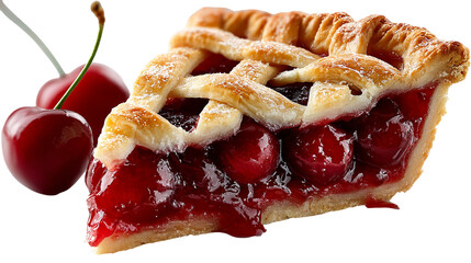 Delicious cherry pie slice with fresh cherries on black background