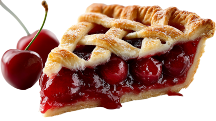 Delicious cherry pie slice with fresh cherries on black background