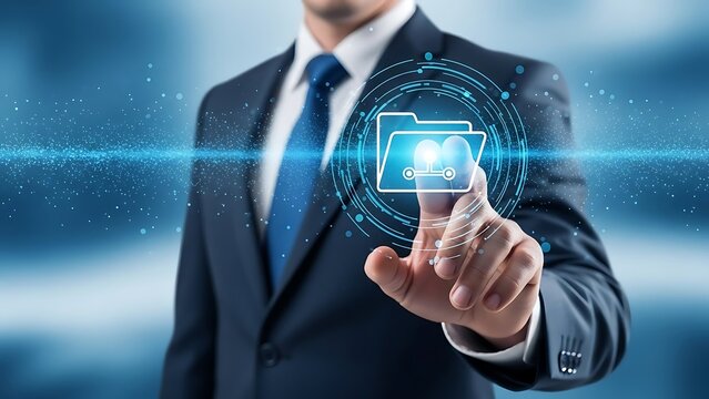 Businessman interacting with digital cloud storage suit hand finger - Powered by Adobe