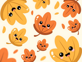 Naklejka premium Vibrant Cartoon Leaves with Emotive Faces on Cream Background - Autumnal Vector Illustration for Seasonal Designs