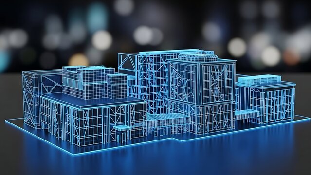 Blue wireframe building model on reflective surface architecture