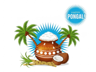 Pongal festival illustration with pot, palm trees, and coconut isolated on transparent background
