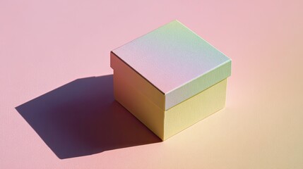Elegant pastel gift box with subtle rainbow sheen on soft pink background casting a soft shadow