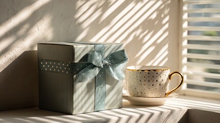 Elegant Gift Box with Blue Ribbon and Stylish Cup on Windowsill, Bathed in Soft Morning Light and Shadow Patterns