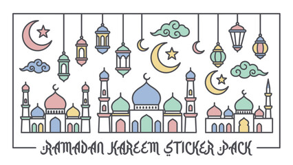 Ramadan Kareem Sticker Pack with Mosques and Islamic Symbols.