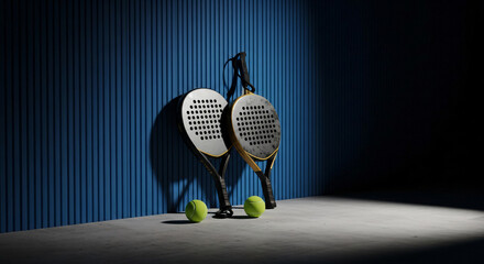 Padel Tennis Rackets and Balls Dramatic Studio Lighting Blue Wall