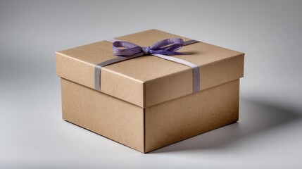 Elegant Brown Gift Box Wrapped with Purple Ribbon on a Soft Gray Background for Various Celebrations and Occasions