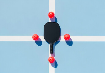 Black Pickleball Paddle Four Red Balls On Blue Court Lineup