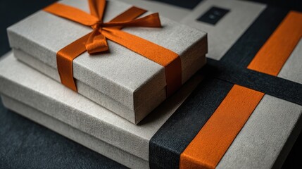 Elegant gift boxes with orange ribbons on a dark background, perfect for celebrations, holidays, or special occasions