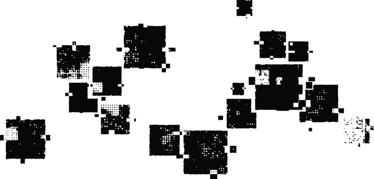 Black and White Abstract Glitch Texture Background with Distressed Square Blocks and Halftone Dots Grunge Effect Vector