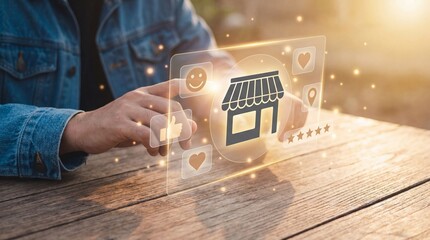 Person interacting with digital storefront on tablet, e commerce concept with shopping icon and rating stars on screen, online shopping experience