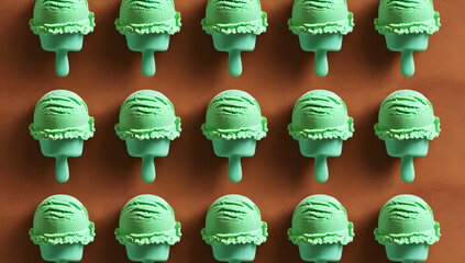 Green ice cream scoops pattern on brown background. Minimal summer food concept.