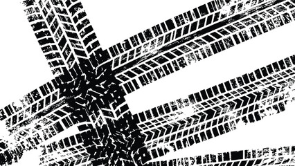 Abstract intersecting distressed tire tracks background in black and white grunge style vector graphic