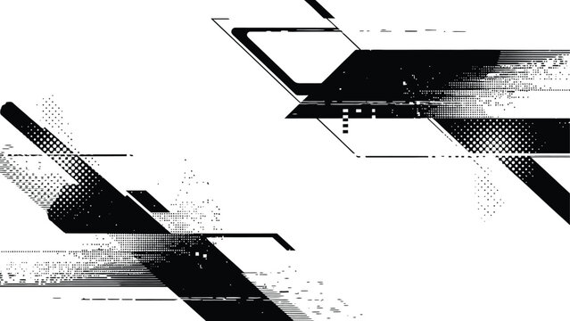 Futuristic black and white abstract geometric grunge glitch frame background with halftone dots and data corruption lines
