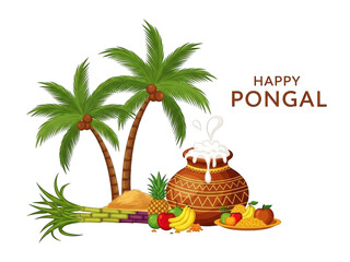 Pongal festival illustration with pot and fruits isolated on transparent background