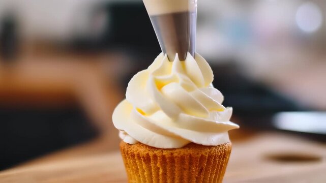 piping vanilla cream on cupcake