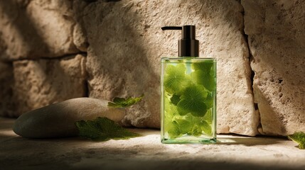 Fresh Herbal Essence in a Transparent Bottle Surrounded by Natural Stones and Green Leaves for Wellness and Aromatherapy
