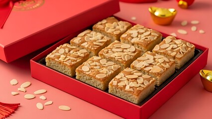 Almond Sponge Cake Squares in Red Gift Box for Chinese New Year