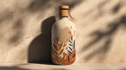 Stylish ceramic bottle with artistic floral design on a sandy background showcasing natural elements and modern aesthetics