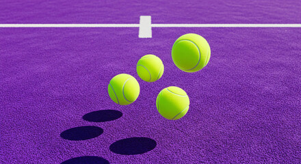 Four neon yellow tennis balls floating above a purple court surface