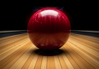 Polished Red Bowling Ball Rolling Down a Wooden Alley Lane at Night