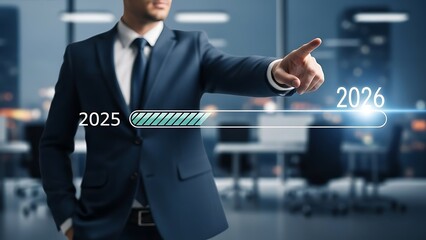 Businessman in blue suit interacting with futuristic timeline interface in office