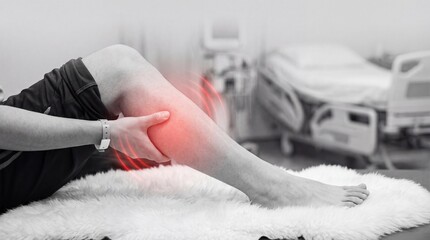Person lying on a white fur rug in a hospital room clutching their painful knee with a red glow indicating injury or inflammation