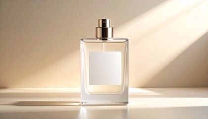 A luxurious frosted glass perfume bottle with a blank white label, placed on a soft beige background with natural shadows, ideal for cosmetic branding mockups.