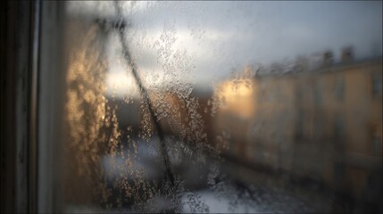 Intricate frost patterns forming delicate ice crystals on a cold glass window with blurred golden sunlight and outdoor scenery
