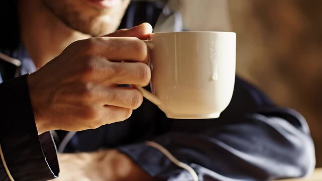 Hands holding white ceramic mug with hot coffee, steam rising from cup, morning beverage concept, man drinking tea, cozy atmosphere, close up details.