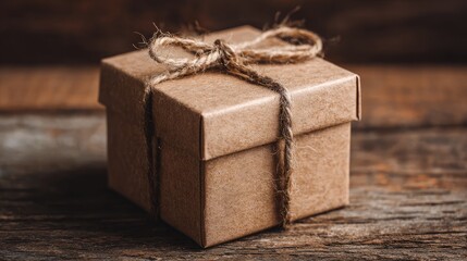 Rustic Gift Box Wrapped in Twine on a Wooden Surface Ideal for Celebratory Themes and Crafts