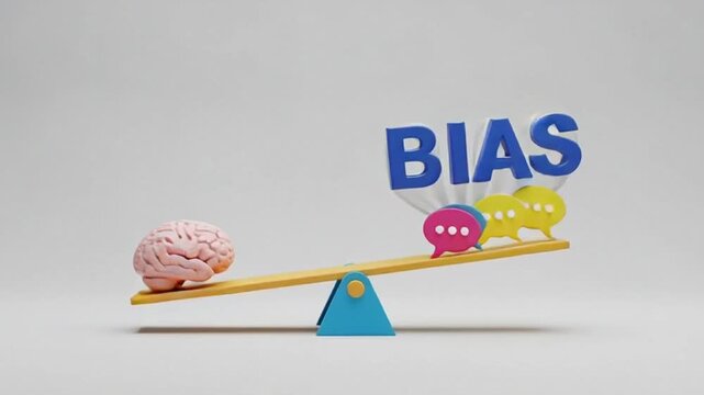 A brain is outweighed by bias symbols on a seesaw, illustrating the imbalance between objective thought and preconceived notions in a simple graphic representation