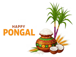 Happy pongal illustration with pot and palm tree isolated on transparent background