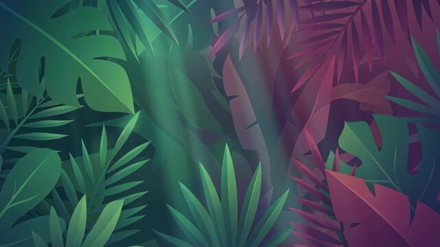 Lush Tropical Jungle Foliage With Vibrant Green and Deep Magenta Hues Illuminated by Soft Ambient Light Perfect for Exotic Backgrounds