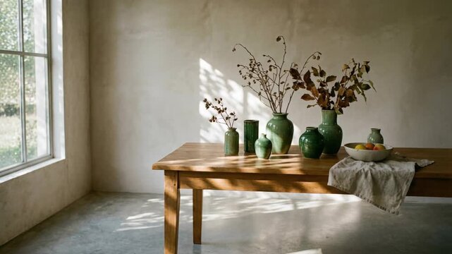Minimalist Interior Scene with Wooden Table Displaying Assorted Green Ceramic Vases and Dried Autumn Branches Illuminated by Soft Natural