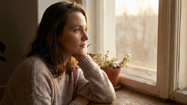 Middle Aged Woman With Brown Hair Wearing A Cozy Beige Sweater Gazes Out A Dusty Window With Soft Golden Hour Light Illuminating Her Face