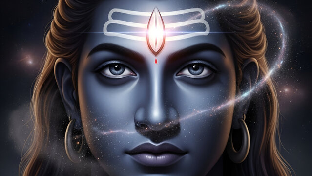 Portrait of Shiva face with glowing tilak and divine eyes for meditation devotion spirituality Mahashivratri worship faith religion culture art and Mahadev symbolism illustration