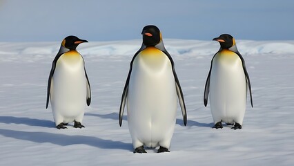 Obraz premium Three king penguins standing on snowy ground