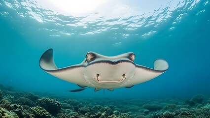 Manta ray swimming underwater in ocean with sunlight