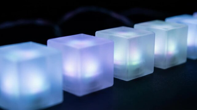 Row of Frosted Translucent Cubes Glowing with Soft Blue and Purple Light on Dark Surface with Blurred Background