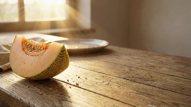 Slice of Juicy Cantaloupe Melon on a Rustic Wooden Table with Warm Sunlight Streaming Through a Window Creating Beautiful Rays and Shadows