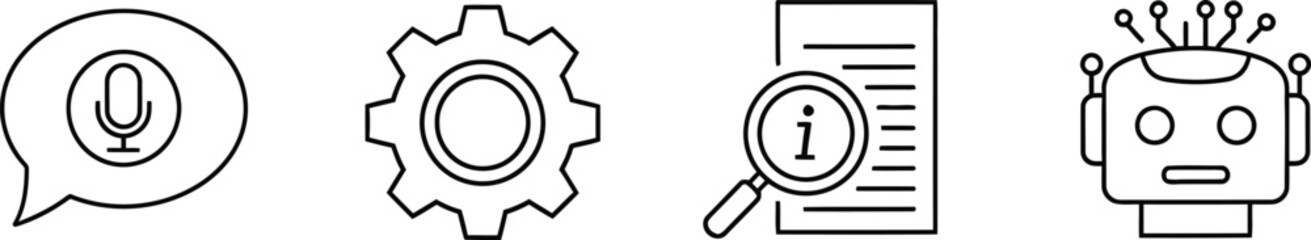 Four technology related vector icon illustration set featuring voice assistant gear search and robot isolated on white background