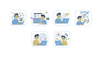 Fototapeta premium Set of illustrations depicting people engaged in various digital activities.